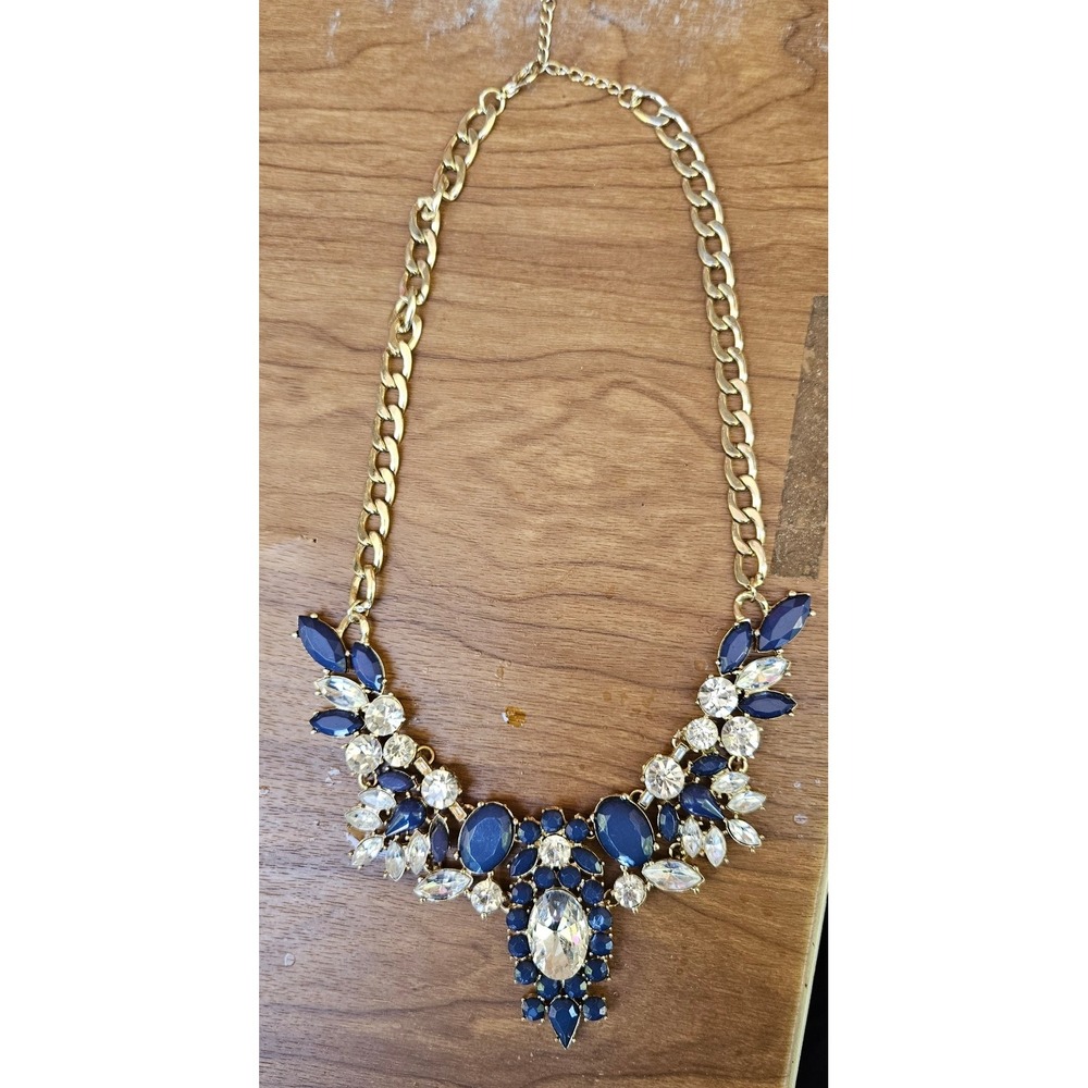 etc! Gold Chain Necklace‎ with Blue & Clear Rhinestone Statement Bib